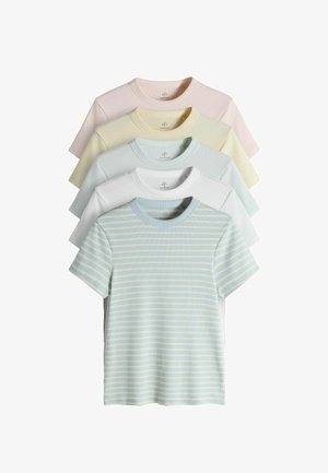 Five short-sleeve ribbed crew neck tops in pastel colors, with the front one blue and yellow striped, others in solid pale pink, yellow, green, and white.