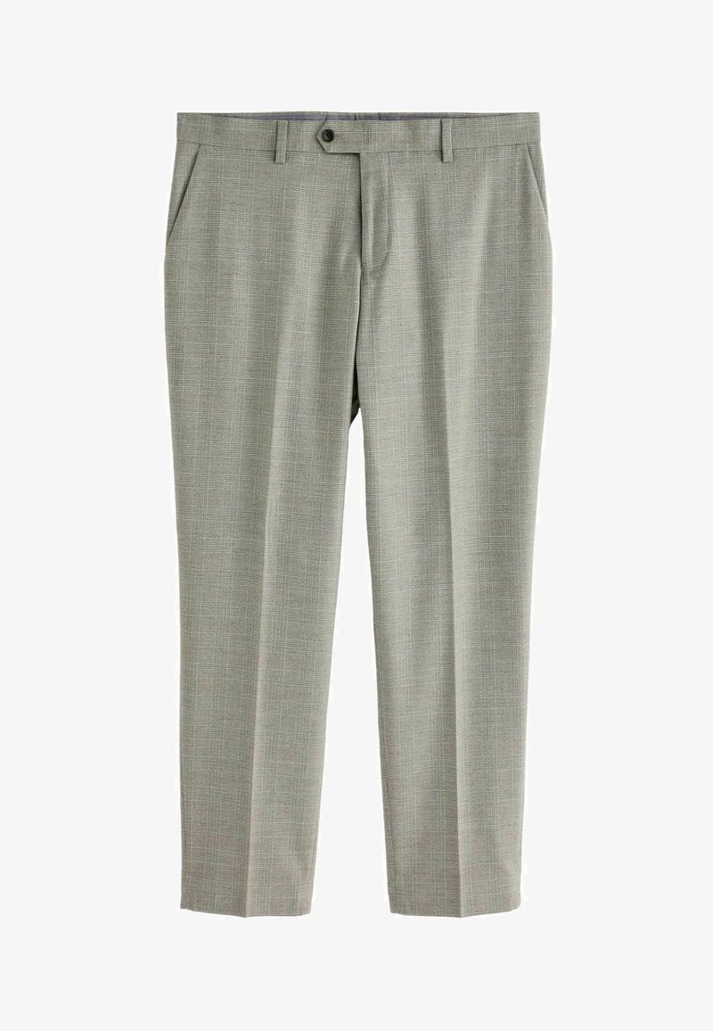 Lichtgrijze op maat gemaakte broek met een subtiel ruitpatroon, rechte pasvorm, zijzakken en een knoopsluiting in de taille. Gladde stoftextuur.