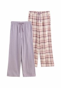 Două perechi de pantaloni de pijama: una în pătrățele purple, cealaltă în carouri roz și crem. Ambele au un tiv elastic și sfoară de ajustare.