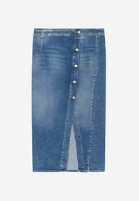 Jupe en denim à silhouette droite, de couleur bleue claire, avec une fermeture à boutons sur le devant et une fente centrale pour plus de mouvement.