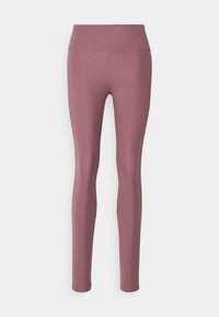 Leggings mauves taille haute en tissu lisse et ajusté avec des coutures plates, conçus pour le sports ou le confort décontracté.