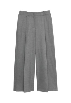 Pantaloni grigi a gamba larga con un design su misura caratterizzato da pieghe frontali, passanti per cintura e una texture liscia. Senza tasche visibili.