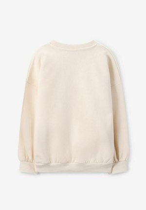 Crème pullover sweatshirt met textuurstof, verlaagde schouders en verzamelde mouwen. Eenvoudig ontwerp, zachte afwerking en elastische onderrand.