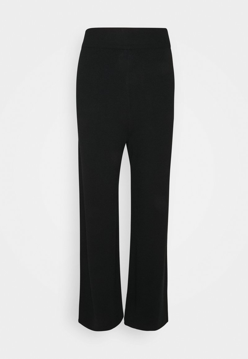 Μαύρο παντελόνι σε φαρδιά γραμμή, κατασκευασμένο από μαλακό, ελαστικό ύφασμα με ελαστική μέση. Δεν υπάρχουν σχέδια ή μεταλλικά στοιχεία.