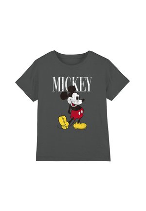 Dark gray T-shirt with vintage-style Mickey Mouse walking graphic in red shorts and yellow shoes, with "MICKEY" text above.