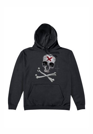 Sort hoodie med et grafikdesign af et kranium med røde markeringer og knogler, lavet af blødt stof, med en forlommer og snor i hætten.