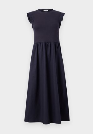 Marineblaues Kleid mit tailliertem Oberteil, Rüschenshulterärmeln und einem schwingenden Rock mit gerafftem Bund. Hergestellt aus einem glatten, leichten Stoff.