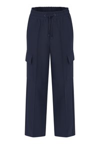 Marinefarbene Cargo-Hosen mit einem Kordelzugbund, Seitentaschen und lockerer Passform. Hergestellt aus leichtem, glattem Stoff mit einem subtilen Glanz.