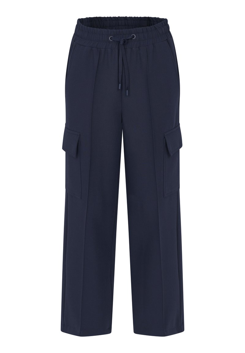 Marinefarbene Cargo-Hosen mit einem Kordelzugbund, Seitentaschen und lockerer Passform. Hergestellt aus leichtem, glattem Stoff mit einem subtilen Glanz.