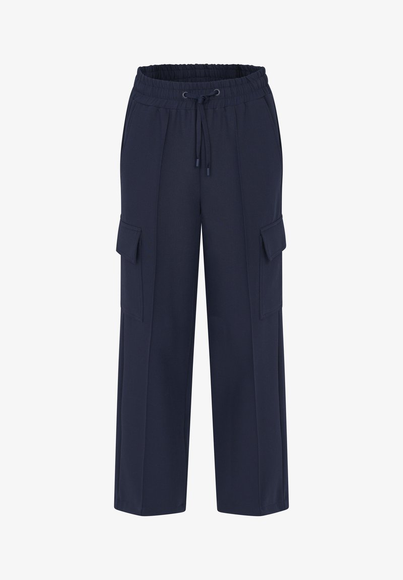 Marinefarbene Cargo-Hosen mit einem Kordelzugbund, Seitentaschen und lockerer Passform. Hergestellt aus leichtem, glattem Stoff mit einem subtilen Glanz.