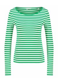 Langsleeve top met afwisselend groene en witte horizontale strepen, met een scoopnecklijn en een zachte stoftextuur.