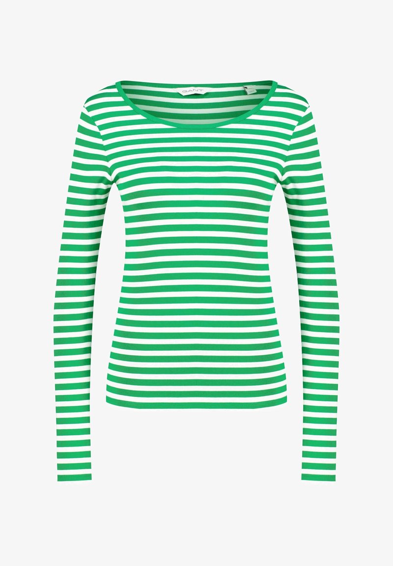 Langsleeve top met afwisselend groene en witte horizontale strepen, met een scoopnecklijn en een zachte stoftextuur.