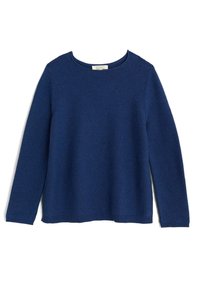 Maglione blu navy a maniche lunghe con texture a coste e scollatura rotonda. Presenta un fit rilassato e un design di colore uniforme.