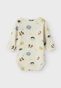 Långärmad baby body i ljusbeige med lekfulla djurmönster i blått, gult och brunt. Mjuk bomullsmaterial med en bekväm passform.