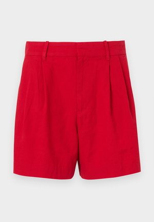 Red linen shorts with a high waist, featuring front pleats, belt loops, and a smooth texture. Regular fit with a clean, tailored design.