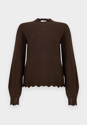 Pull à manches longues marron foncé avec bords festonnés aux poignets, à l'ourlet et à l'encolure, présentant une texture côtelée sur les poignets et l'ourlet inférieur.