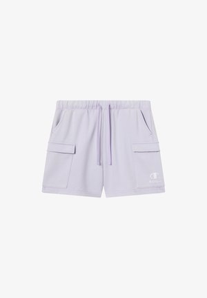Jasnolawendowe szorty wykonane z miękkiego materiału, z elastycznym pasem, sznurkiem i dwiema dużymi kieszeniami po bokach. Logo Champion z przodu.