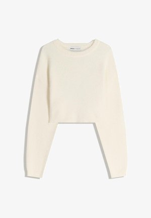 Cremfarbener, kurzer Pullover aus weichem Strickstoff. Verfügt über lange Ärmel, einen gerippten Halsausschnitt und eine lockere Passform mit seitlichen Schlitzen.