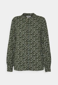 Camicia a maniche lunghe con bottoni in tessuto verde scuro, decorata con fiori bianchi e azzurri pallidi. Presenta un colletto e maniche lunghe a sbuffo.