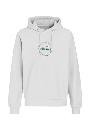 Weißer Kapuzenpullover mit Kordeln, mit grünem rundem Text und Logo auf der Brust, auf dem "Ellesse Tennis Club Perugia Established 1959" steht.