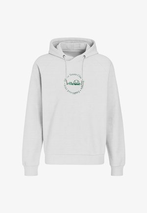 Sweat à capuche blanc avec cordons, présentant un texte circulaire vert et un logo indiquant "Ellesse Tennis Club Perugia Fondé en 1959" sur la poitrine.