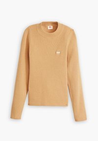 Rippiger beiger Pullover mit rundem Halsausschnitt und langen Ärmeln. Besitzt ein kleines, weißes Levi's-Logo auf der Vorderseite. Weicher Stoff.