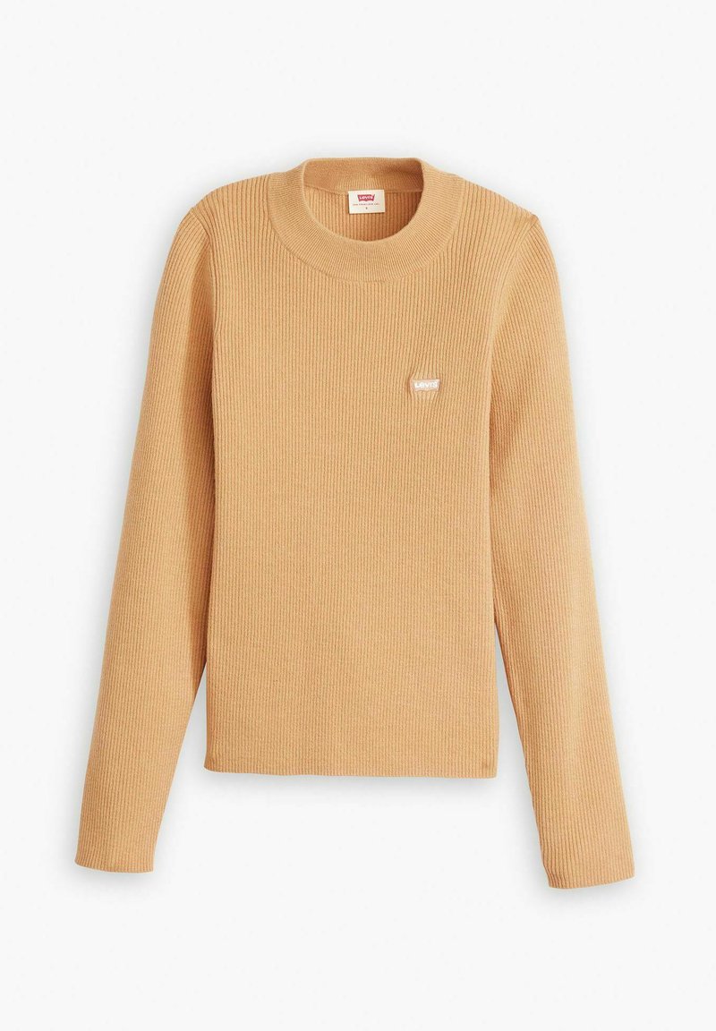 Pull-over côtelé beige avec un col rond et des manches longues. Présente un petit logo Levi's blanc sur le devant. Texture douce.