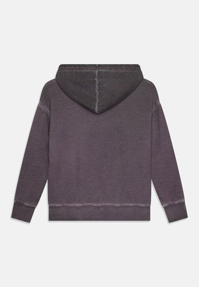 Kapuzensweatshirt aus dunkelgrauem Stoff mit einem leicht ausgeblichenen Finish. Verfügt über gerippte Bündchen und Saum, mit einer schlichten Rückseite und ohne zusätzliche Details.