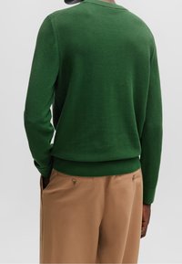 Pull en tricot vert texturé avec un col rond et un ourlet côtelé, associé à un pantalon tan avec des accents de boutons et des poches latérales.