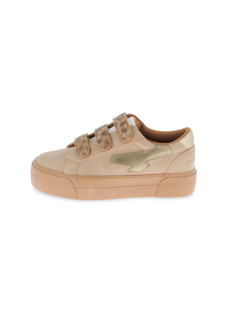 Beige sneaker with Velcro straps and a gold lightning bolt design. Features a thick rubber sole and a soft leather upper.