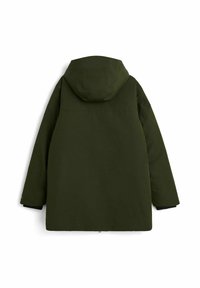 Grön, huva jacka med en enkel design, som har en slät yta och långa ärmar. Baksidan är vanlig utan synlig hårdvara eller detaljer.