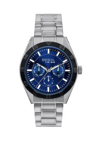 Montre en acier inoxydable argenté avec un cadran bleu, une lunette noire et des accents argentés. Dispose de trois sous-cadrans et d'index des heures lumineux.