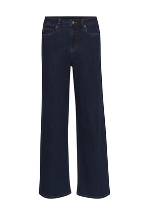 Široké tmavě modré džíny vyrobené z denimu, s knoflíkovým zapínáním, poutky na opasek a předními kapsami. Čistý design s minimálním množstvím švů.