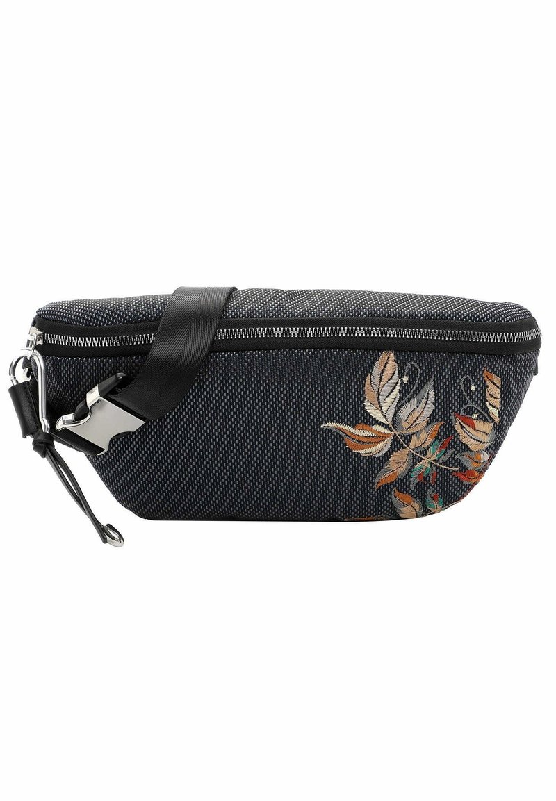 Sac banane en tissu texturé noir avec fermeture éclair, sangle réglable, boucle métallique et motif de feuille brodé marron et orange à l'avant.
