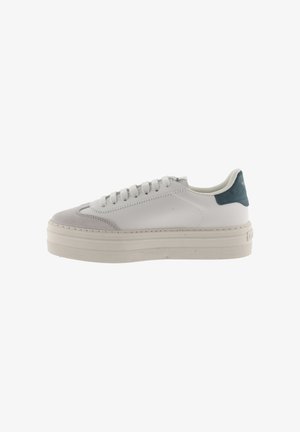 White low-top sneakers with a suede gray toe cap and teal heel accent. Features flat laces, rounded toe, and textured rubber soles.