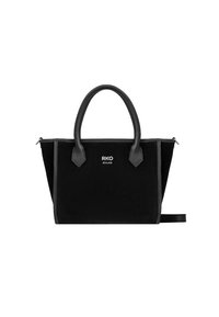 Czarna torba na ramię wykonana z materiału z skórzanymi akcentami. Posiada dwa uchwyty na górze, zamek błyskawiczny oraz logo umieszczone na środku z przodu.