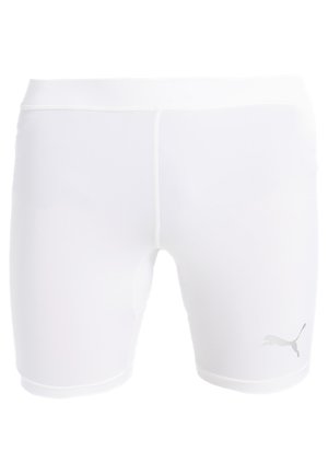 Weiße Sportshorts aus dehnbarem Stoff mit glatter Textur, ausgestattet mit einem silbernen Logo auf der unteren rechten Seite und einem figurbetonten Design.