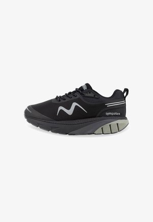 Black athletic shoes with a mesh upper, contrasting grey accents, textured sole, and reflective stripes for visibility. Lightweight and flexible design.