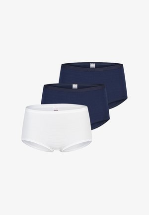 Drei nahtlose Damen-Slips im Brief-Stil, zwei marineblaue und ein weißer, diagonal auf weißem Hintergrund gestapelt.