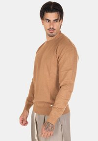 Pullover in maglia marrone con scollatura rotonda, maniche lunghe e polsini a coste. Texture liscia e design slim fit. Dettaglio di branding discreto sull'orlo.