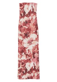 Robe sans bretelles, longue jusqu'au sol, confectionnée dans un tissu léger avec un motif fleuri aux teintes de rose et de rouge, offrant une texture douce et fluide.