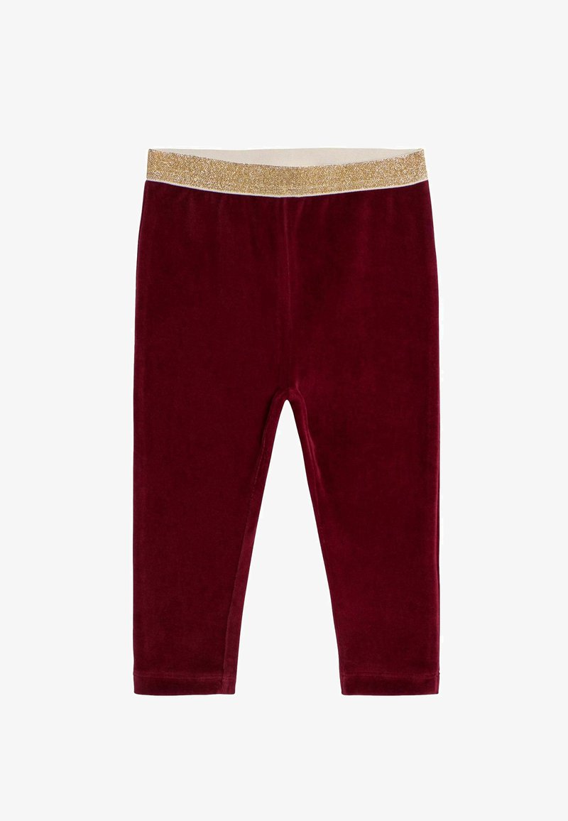 Bordo plišane tajice s sjajnim zlatnim elastičnim pojasom. Mekan tekstura, usklađen oblik, bez dodatnih uzoraka ili akcenata.