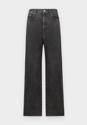 Wide-leg black denim trousers with a high waist, featuring front pockets, a button fly, and a slightly faded texture.