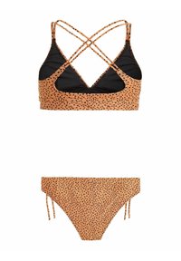 Bikini-set met een gespikkeld bruin en zwart patroon, met een kruislings rugpand op de bovenkant en verstelbare bandjes onderaan.