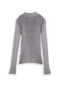 Grau gestreifter Langarm-Turtleneck-Pullover mit vertikalen schwarzen Streifen und einer figurschmeichelnden Silhouette.