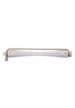 White and pink plastic hair roller with ventilation holes and an attached elastic band for securing hair in place.