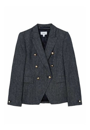 Laivastonsininen houndstooth-kuvioinen kaksirivinen bleiseri, jossa on kultaiset napit, viistetty kaulus ja kaksi etutaskua. Pintakuvioitu kangas, jossa on sileä vuori.