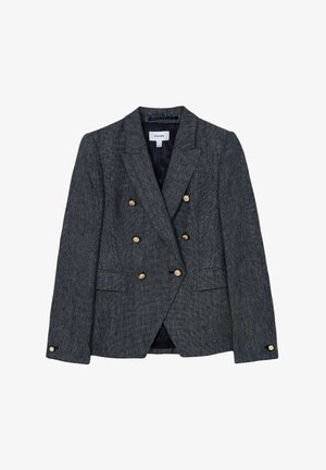 Blazer croisé en pied de poule bleu marine avec boutons dorés, col cranté et deux poches avant. Tissu texturé avec une doublure lisse.