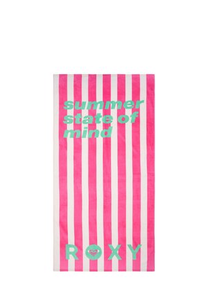 Toalla con rayas verticales rosa y blancas con texto verde "summer state of mind" y logotipo "ROXY" en la parte inferior.
