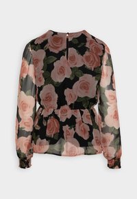 Blusa floreale con sfondo nero e grandi motivi di rose rosa, tessuto trasparente, maniche lunghe e vita arricciata con apertura a occhiello sul retro.